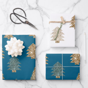 Chic Blue Gold Glitter Glam Christmas Trees Wrapping Paper Sheet