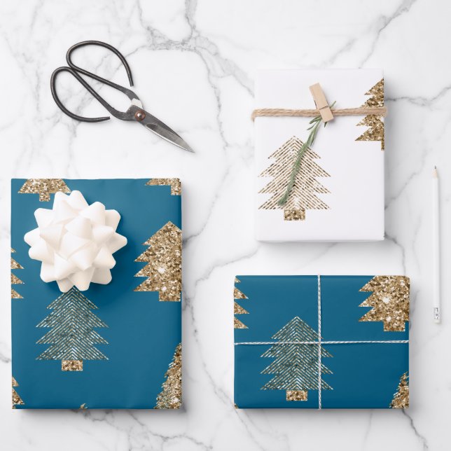 Chic Blue Gold Glitter Glam Christmas Trees Wrapping Paper Sheet (Front)