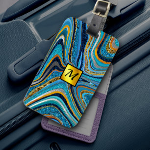 Chic Blue Gold Glitter Marble Art Monogram Luggage Tag