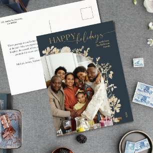 Chic Blue Gold Happy Holidays Photo  Postcard