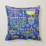 Chic Blue Gold Menorah Star of David Hanukkah Cushion<br><div class="desc">This holiday throw pillow features a chic pattern of gold,  green and purple menorah and gold Star of David on a blue background. Designed by world renowned artist Tim Coffey.</div>