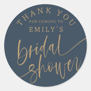 Chic Blue & Gold Script Bridal Shower Favour Classic Round Sticker