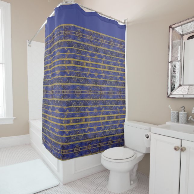 Chic Blue Gold Sparkles Shower Curtain (In Situ)
