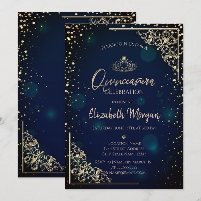 Chic Blue Gold Tiara,Diamonds Quinceañera Invitation (Front/Back)