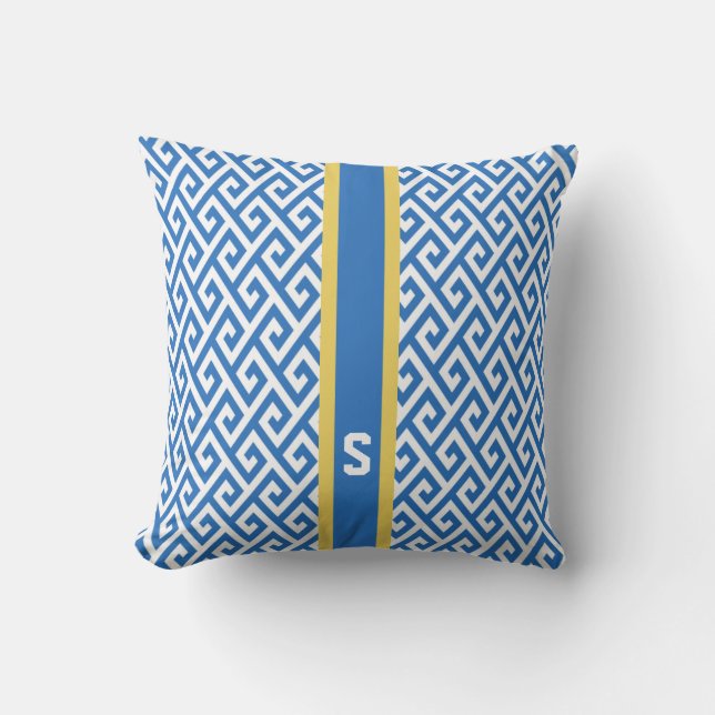 Chic blue greek key geometric patterns monogram cushion (Front)