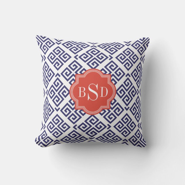 Chic blue greek key geometric patterns monogram cushion (Front)