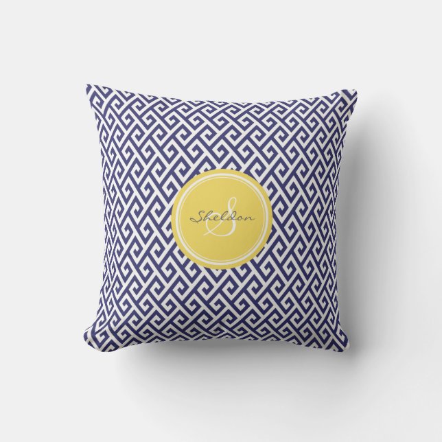 Chic blue greek key geometric patterns monogram cushion (Front)