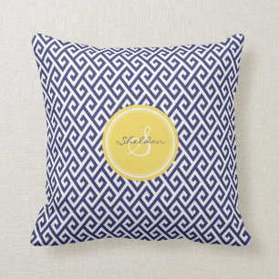 Chic blue greek key geometric patterns monogram cushion