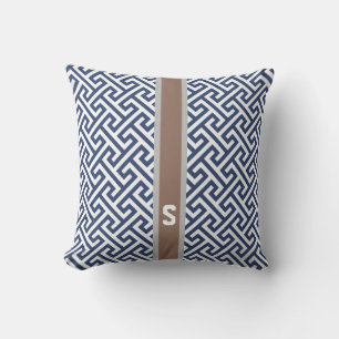 Chic blue greek key geometric patterns monogram cushion