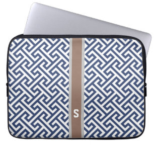 Chic blue greek key geometric patterns monogram laptop sleeve