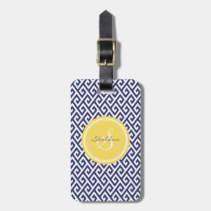 Chic blue greek key geometric patterns monogram luggage tag