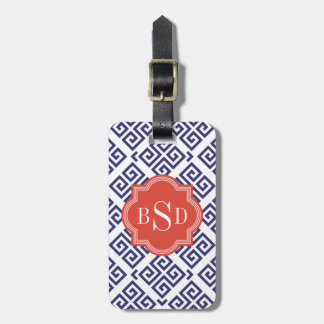 Chic blue greek key geometric patterns monogram luggage tag