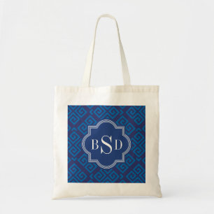 Chic blue greek key geometric patterns monogram tote bag