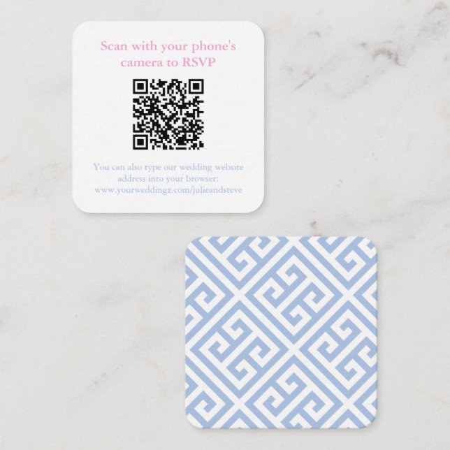 Chic Blue Greek Key Wedding Website QR Code Enclosure Card (Front/Back)