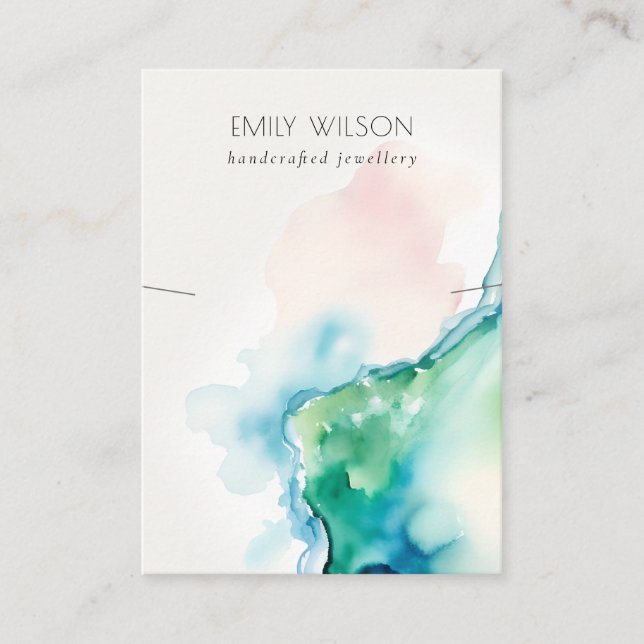 Chic Blue Green Blush Watercolor Agate Necklace Business Card (Front)