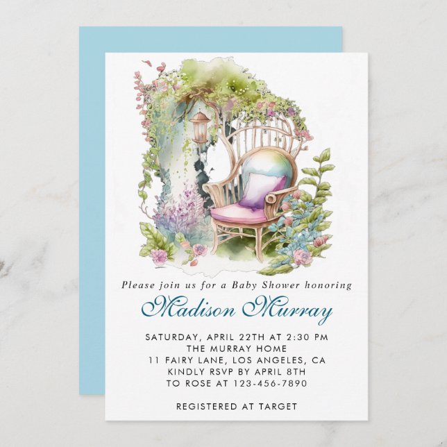 Chic Blue & Green Floral Garden Chair Baby Shower Invitation (Front/Back)