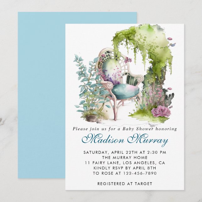 Chic Blue & Green Floral Garden Chair Baby Shower Invitation (Front/Back)