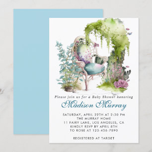 Chic Blue & Green Floral Garden Chair Baby Shower Invitation