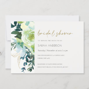 Chic Blue Green Floral Leafy Bridal Shower Invite