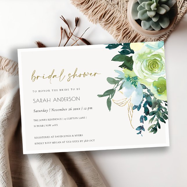 Chic Blue Green Floral Leafy Bridal Shower Invite (Creator Uploaded)