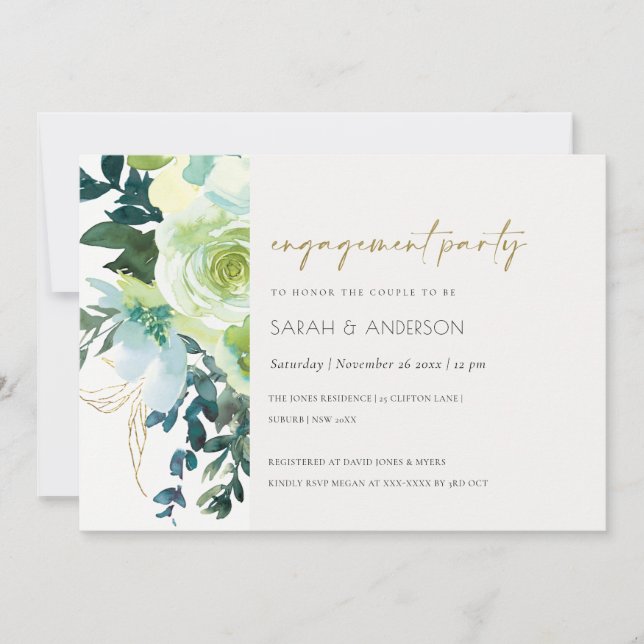 Chic Blue Green Floral Leafy Engagement Invite (Front)