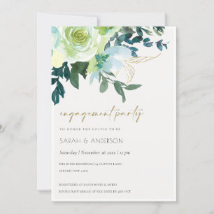 Chic Blue Green Floral Leafy Engagement Invite