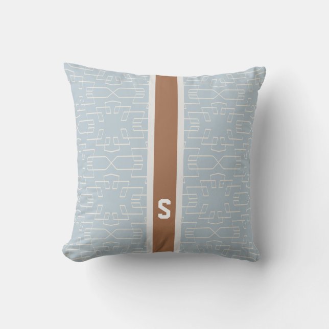 Chic blue grey abstract geometric pattern monogram cushion (Front)