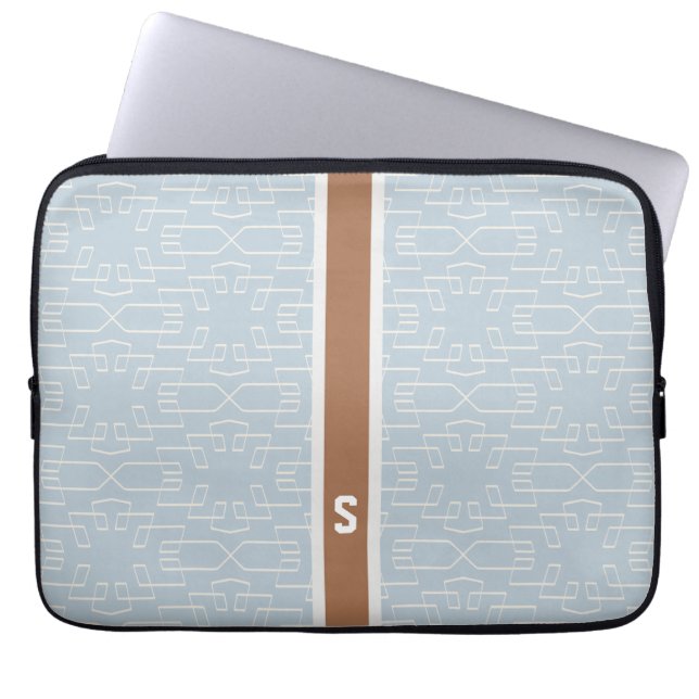 Chic blue grey abstract geometric pattern monogram laptop sleeve (Front)