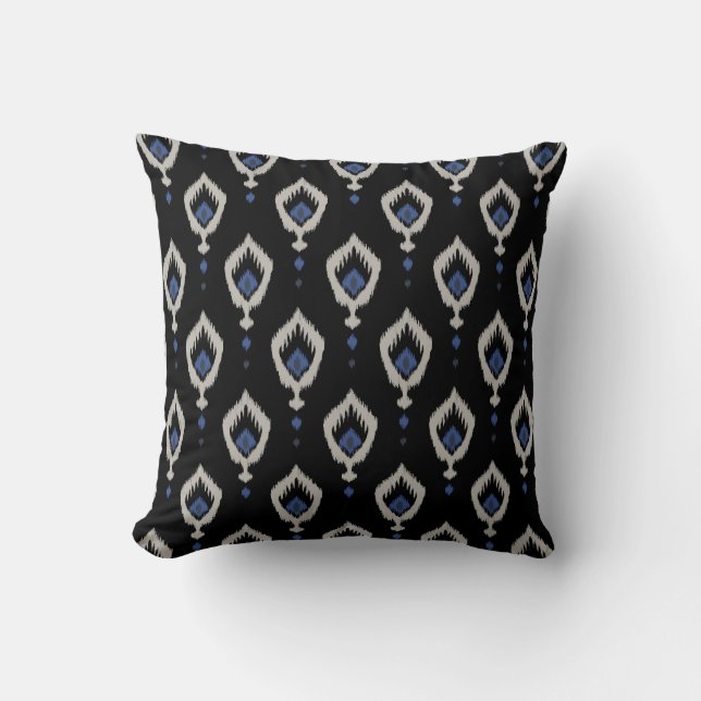 chic blue grey black tribal ikat pillow (Front)