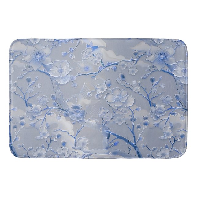 Chic blue grey floral  bath mat (Front)