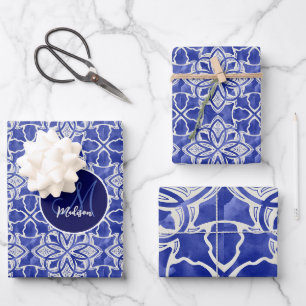 Chic Blue Grey Monogram Initials Family Name Wrapping Paper Sheet