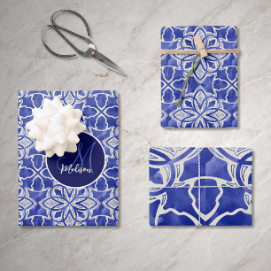 Chic Blue Grey Monogram Initials Family Name Wrapping Paper Sheet