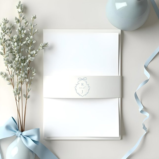 Chic Blue Hand Drawn Bow & Ribbon Monogram Crest Invitation Belly Band (Chic Blue Hand Drawn Bow & Ribbon Monogram Crest Invitation Belly Band)