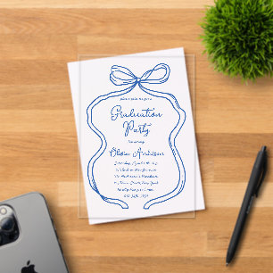 Chic Blue Hand Drawn Bow & Script Graduation Party Acrylic Invitations