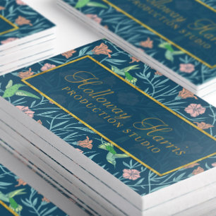 Chic Blue Hummingbird and Flowers Pattern Business Card