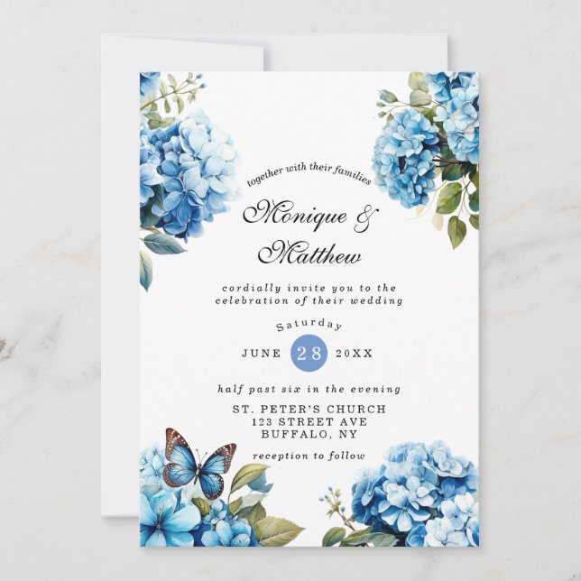 Chic Blue Hydrangea Butterfly Wedding Invitation (Front)