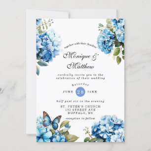 Chic Blue Hydrangea Butterfly Wedding Invitation