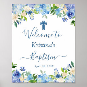 Chic Blue Hydrangea Floral Baptism Welcome Sign