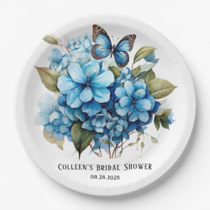 Chic Blue Hydrangea Floral Butterfly Bridal Shower Paper Plate