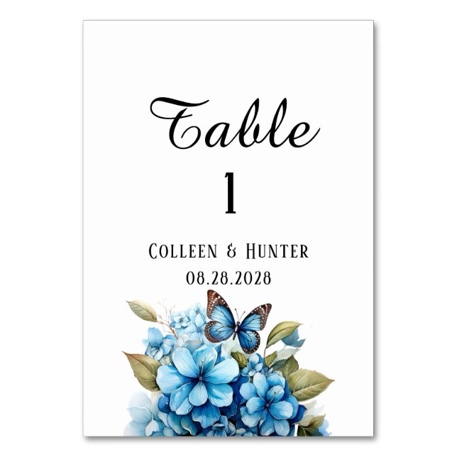 Chic Blue Hydrangea Floral Butterfly Wedding Table Number (Front)