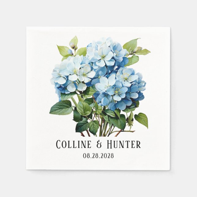 Chic Blue Hydrangea Floral Wedding Napkin (Front)