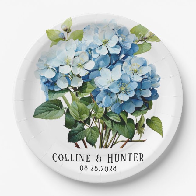 Chic Blue Hydrangea Floral Wedding Paper Plate (Front)