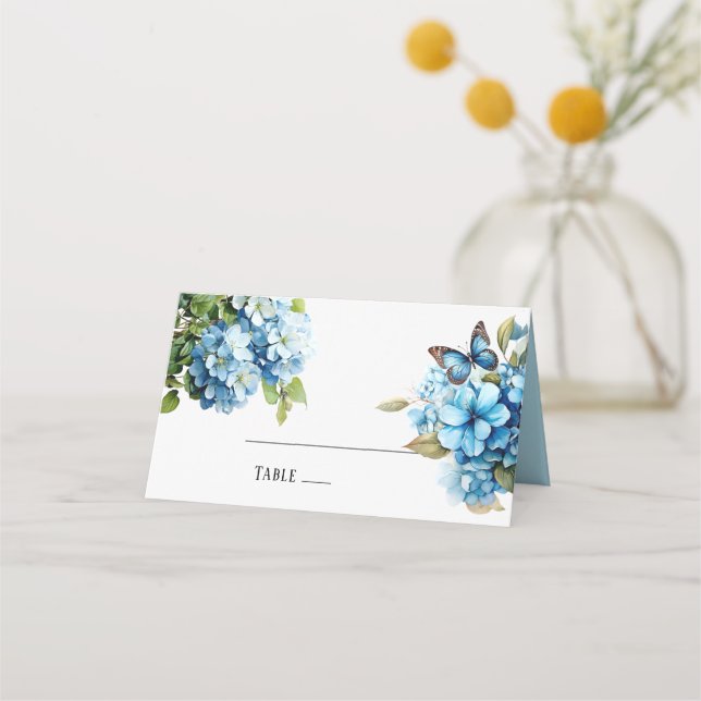 Chic Blue Hydrangea Floral Wedding Table Place Card (Front)