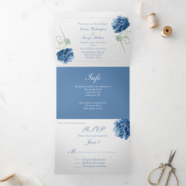 Chic Blue Hydrangea Wedding Tri-Fold Invitation (Inside)