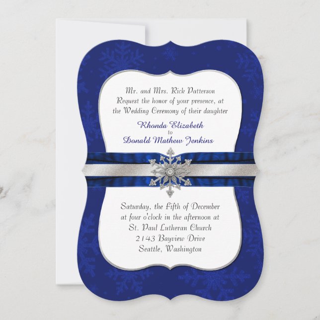 Chic Blue Jewelled Snowflake Wedding Invitation (Front)