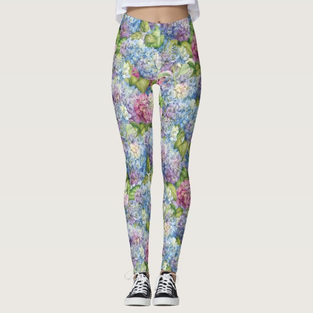 Chic Blue Lavender Hydrangea Floral Pattern Leggings (Front)