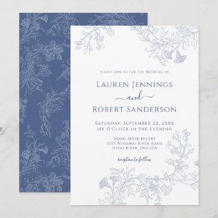 Chic Blue Line Drawn Floral Wedding Invitation