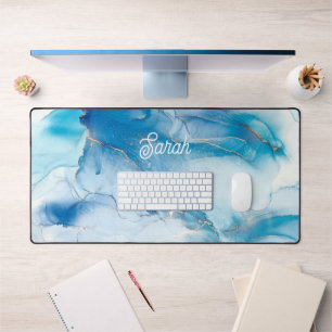 Chic Blue Marble and Gold Personalised Desk Mat
