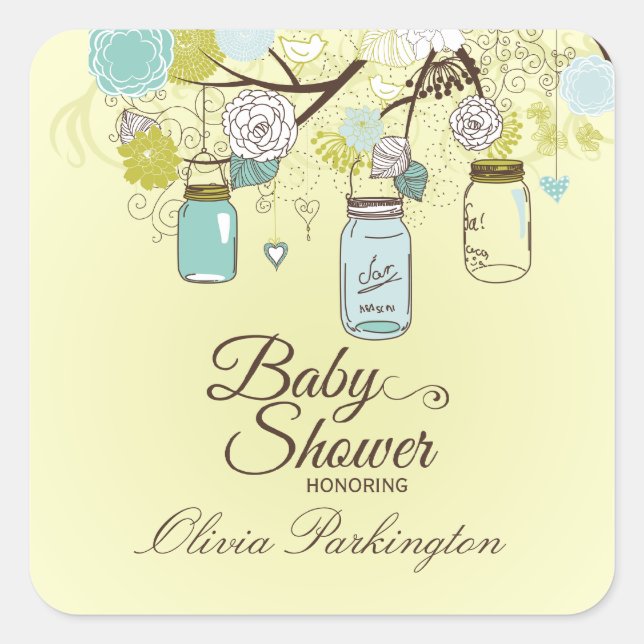 Chic blue mason jar floral baby shower stickers (Front)