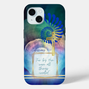 Chic Blue Mauve Green Faith Nautilus Gold Cross iPhone 15 Case